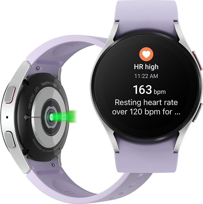 The underneath of the Galaxy Watch5 device is shown. On the right is a frontal view of the Watch5 device with the Optical Heart Rate Sensor user interface. On the back of the device body, the Optical Heart Rate Sensor measures heart rate and blood pressure.