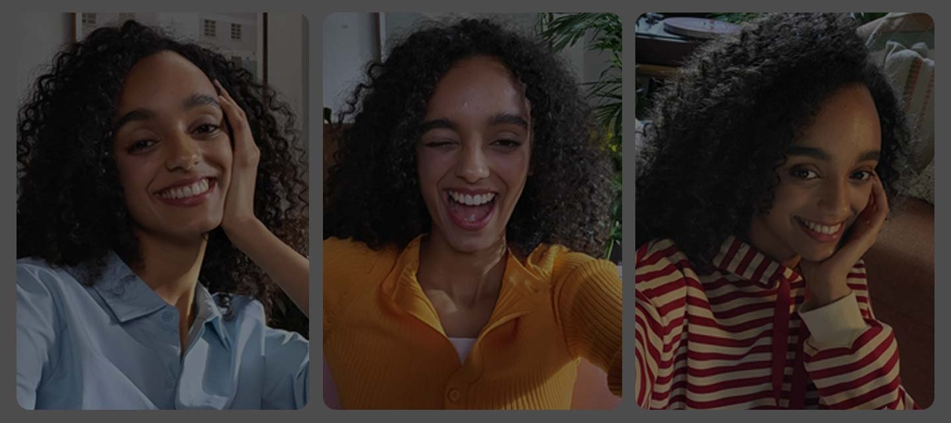 Un collage de tres selfies que muestra una mujer de cabello rizado oscuro en diferentes poses y expresiones faciales, sonriendo frente a la cámara y sentada en el suelo de su sala de estar.