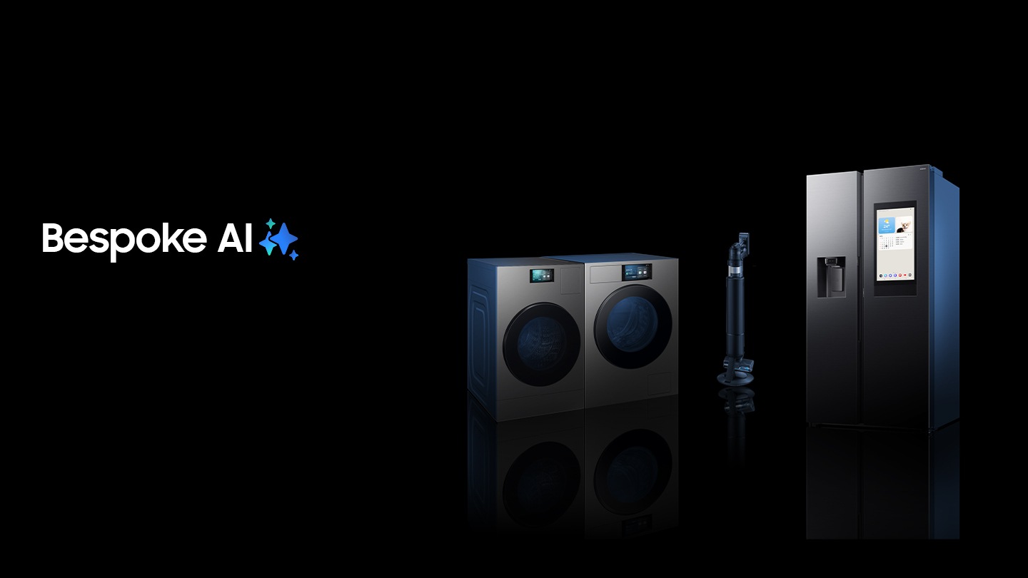 La gama de productos Bespoke AI de Samsung muestra: Bespoke AI Lavandería, Lavavajillas Inteligente Bespoke, Aspiradora Robot Bespoke Jet Bot Combo AI, Horno de Inducción Bespoke y Refrigerador Bespoke Puerta Francesa de 4 Puertas. Logo de Bespoke AI.