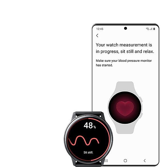 Un smartphone Galaxy y un Galaxy Watch muestran el proceso de medición de la presión arterial. A la izquierda, el Watch mide la presión arterial y la frecuencia cardiaca. A la derecha, el smartphone Galaxy espera por las mediciones mientras se realizan, advirtiendo al usuario que se siente quieto y se relaje.
