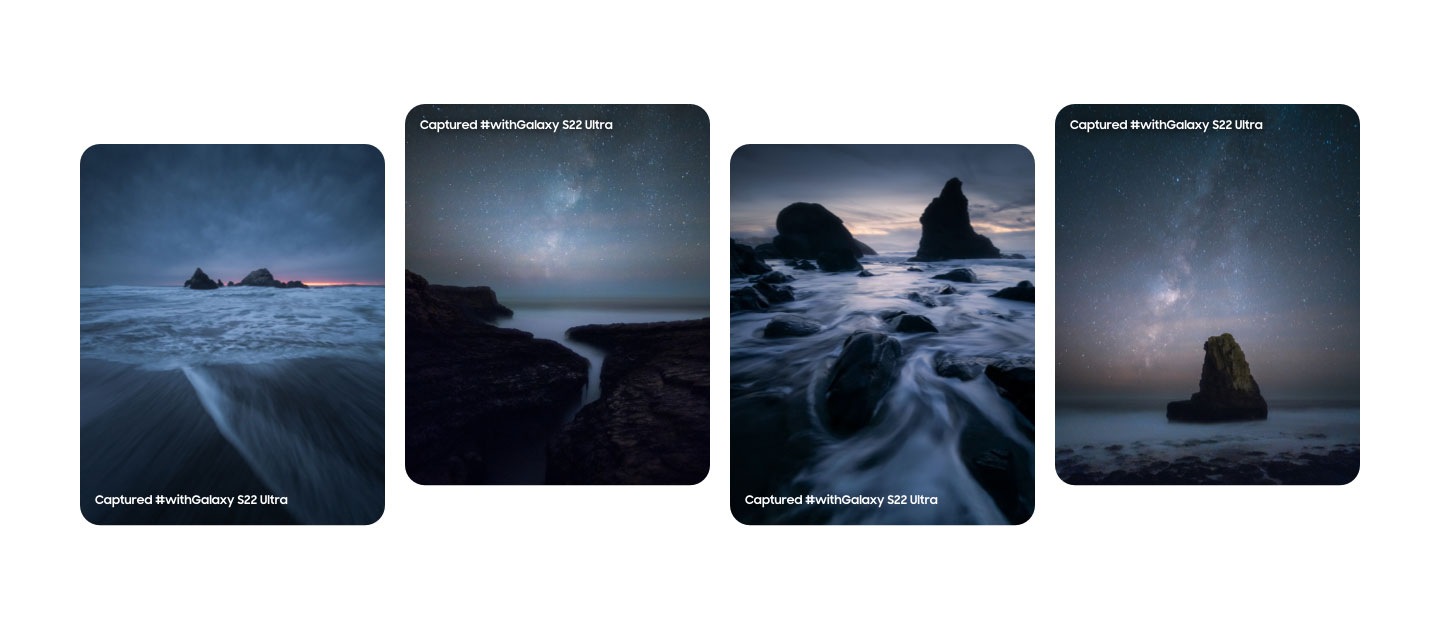 Collage de formaciones rocosas de playa frente a cielos estrellados. Captado #withGalaxy S22 Ultra