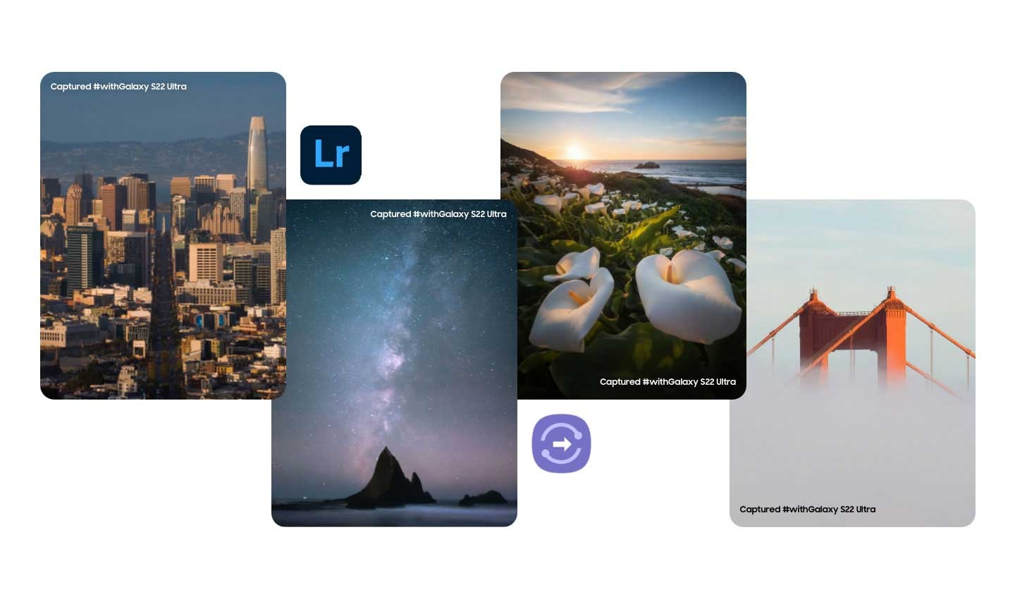 Un collage de paisajes rodeados de iconos de las aplicaciones Adobe Lightroom y Samsung Quick Share. Capturado #withGalaxy S22 Ultra