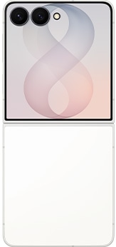Un móvil plegable Galaxy Z Flip8 en Blanco visto desplegado desde atrás.