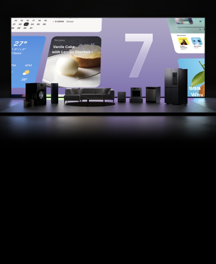 Electrodomésticos Samsung Bespoke AI junto a un sofá sobre un escenario oscuro. Una pantalla central muestra números del 1 al 7 con widgets que aparecen de abajo hacia arriba y son reemplazados por iconos de seguridad Knox.