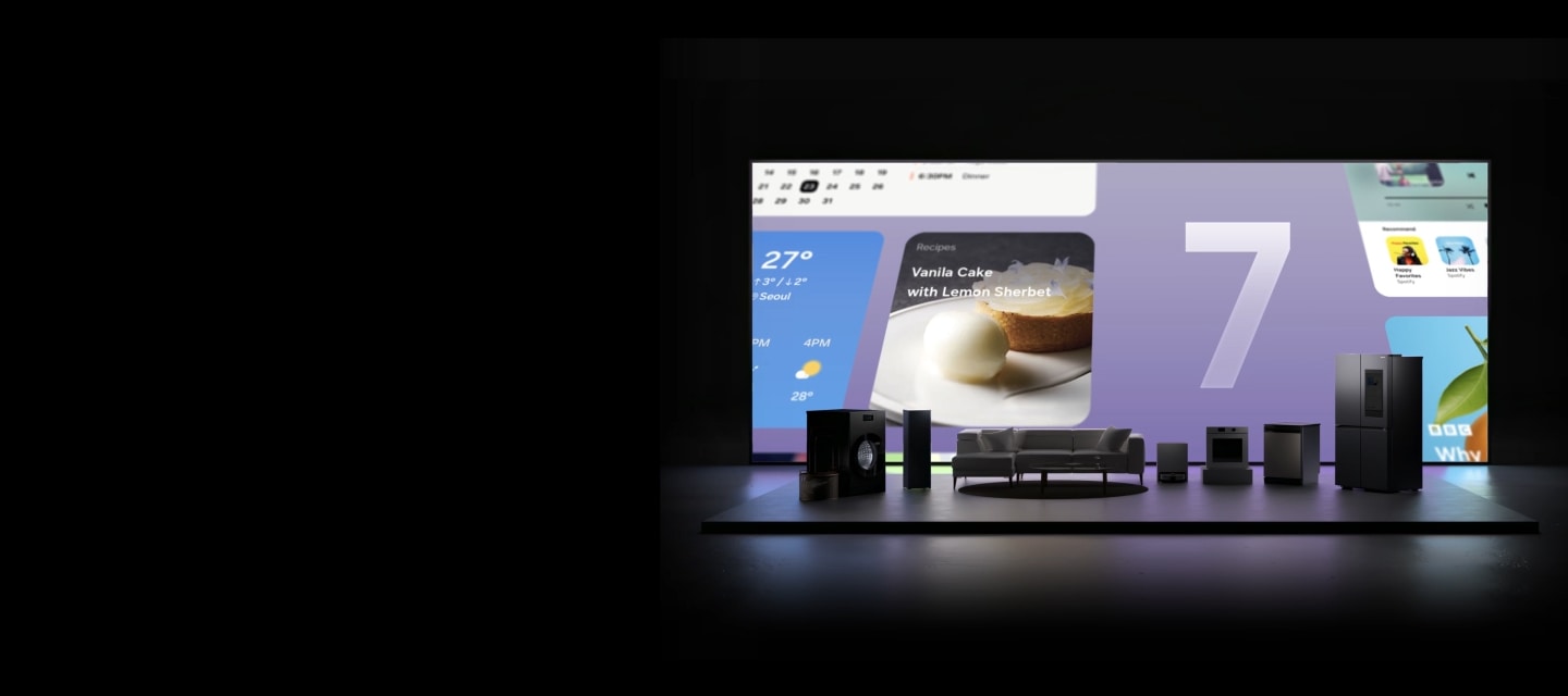 Electrodomésticos Samsung Bespoke AI junto a un sofá sobre un escenario oscuro. Una pantalla central muestra números del 1 al 7 con widgets que aparecen de abajo hacia arriba y son reemplazados por iconos de seguridad Knox.