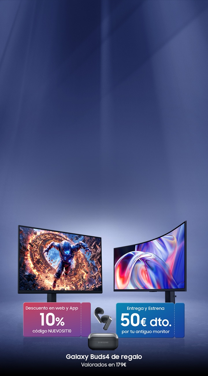 Monitor gaming Samsung Odyssey con auriculares, ratón y teclado junto a una promoción de regalos de hasta 200 €. Monitor Samsung ViewFinity con SSD y promoción de regalos de hasta 100 €.