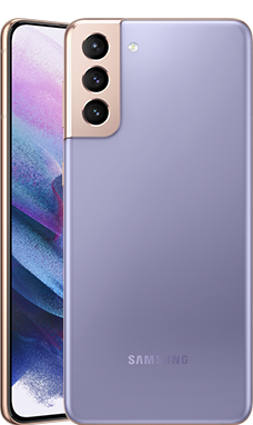 Dos teléfonos Galaxy S21 Plus 5G en color Phantom Violet, uno visto desde la parte trasera y otro visto desde la parte frontal con un salvapantallas gráfico morado.