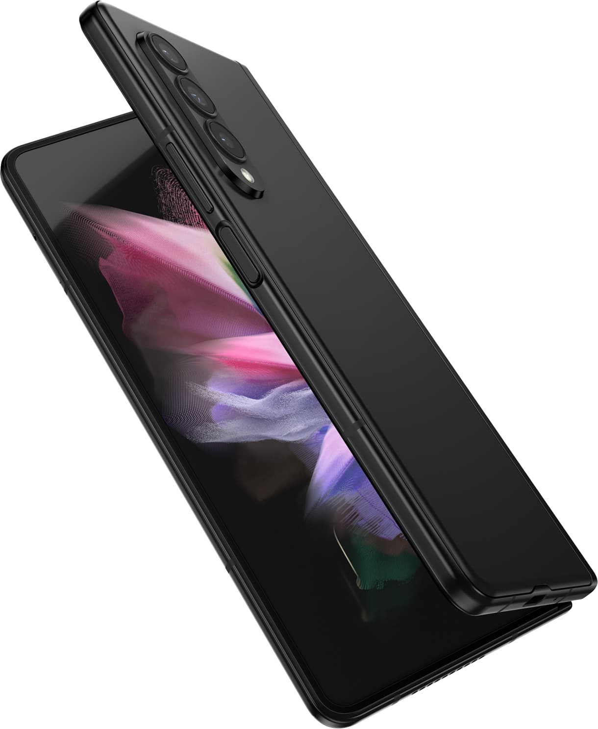 Galaxy Z Fold3 5G osaliselt avatuna, vaade avatud küljelt ning põhiekraanil oli värvikirev taustapilt. Seda ümbritsevad veepritsmed.