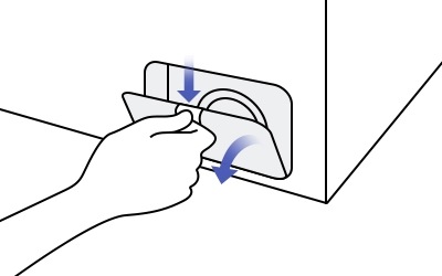 El gráfico muestra dónde encontrar y cómo abrir el filtro de residuos de la lavadora.