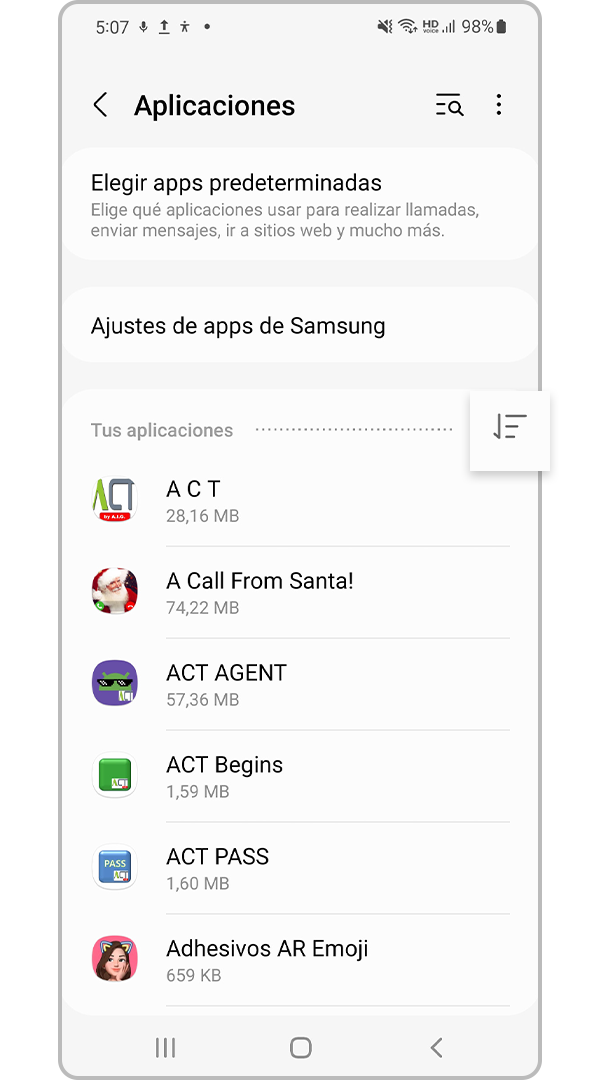 Icono Filtrar y ordenar aplicaciones