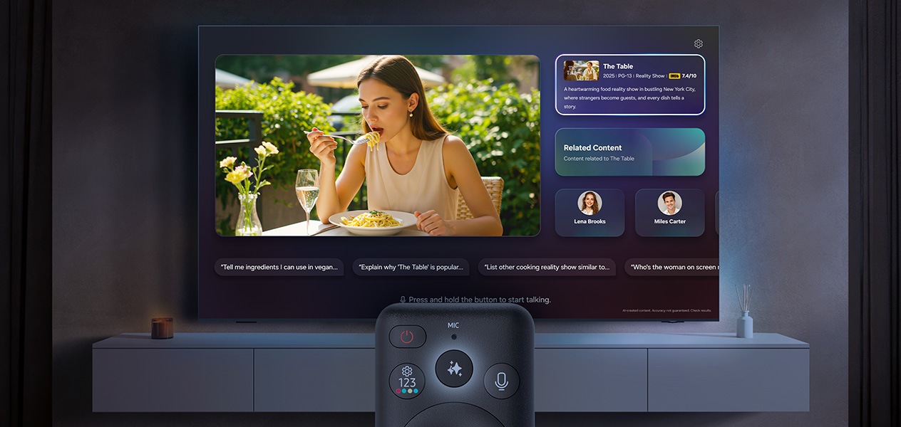 Al pulsar el botón Vision AI del mando a distancia cercano, la función «Click to Search» muestra información sobre el programa The Table, contenidos relacionados y nombres de actores en el televisor Samsung.