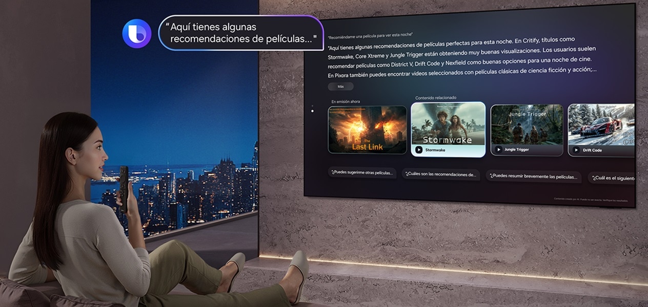 Una mujer sentada en el salón le pregunta a Bixby «Recomiéndame una obra de arte que encaje con el tiempo de hoy», mientras llueve fuera, hablando al mando a distancia del televisor. Bixby, con el logotipo de Bixby, muestra la respuesta «Basándome en el tiempo de hoy, te recomiendo obras de arte como...», con recomendaciones artísticas en un gran televisor Samsung.