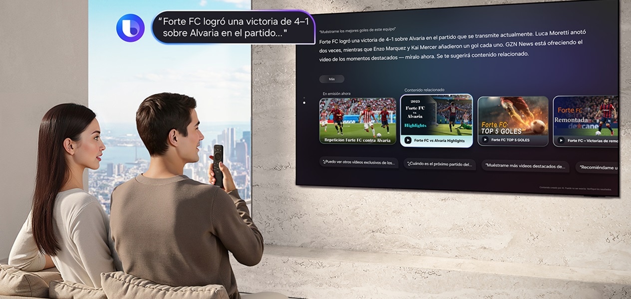 Un hombre sentado en el salón le pide a Bixby «Muéstrame los mejores goles de este equipo» hablando al mando a distancia del televisor. Bixby, con el logotipo de Bixby, muestra la respuesta «El Forte FC se aseguró una victoria por 4-1 sobre el Alvaria en el...» con detalles en un gran televisor Samsung.