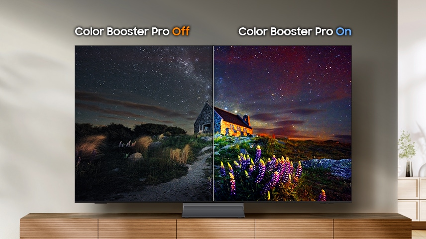 Un TV muestra una pantalla dividida con Color Booster Pro desactivado, con tonos apagados, y Color Booster Pro activado, con tonos vivos.