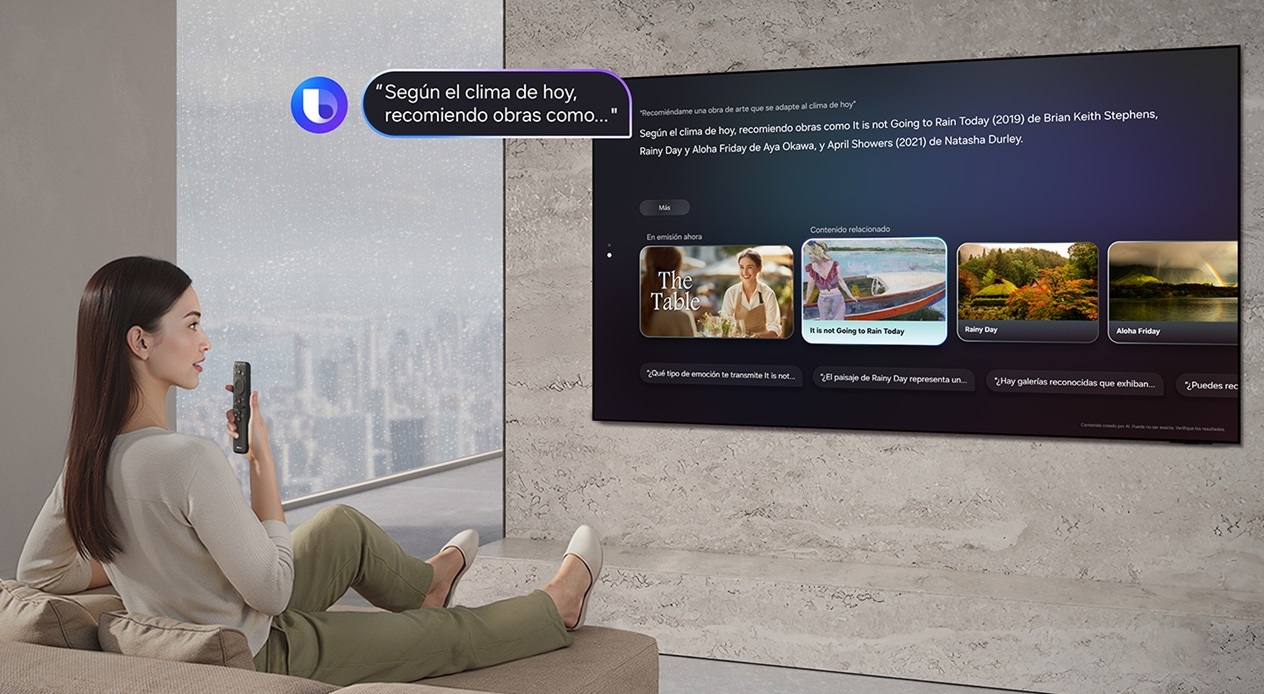Woman sitting in living room asks Bixby "Recommend me an artwork that suits today's weather" as it rains outside by speaking into a TV remote. Bixby with Bixby logo displays the answer "Based on today's weather, I recommend artworks like..." with art recommendations on a large Samsung TV.