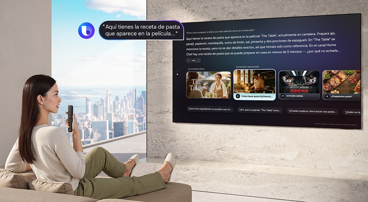 Woman sitting in living room asks Bixby "Tell me how to make the dish that's on TV right now" by speaking into a TV remote. Bixby with Bixby logo displays the answer "Let me tell you about the pasta recipe featured in..." with details on a large Samsung TV.
