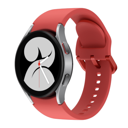 Vemos unavista lateral de 45 grados del Watch4 y correas en diferentes combinaciones, dispuestas en bloques de diferentes colores