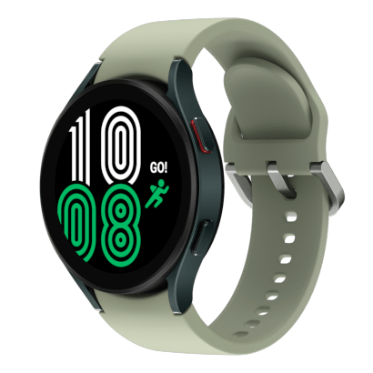 Vemos unavista lateral de 45 grados del Watch4 y correas en diferentes combinaciones, dispuestas en bloques de diferentes colores