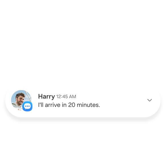 Viestipalkissa näkyy tekstiviesti Harrylta. Teksti: "Saavun 20 minuutin kuluttua."