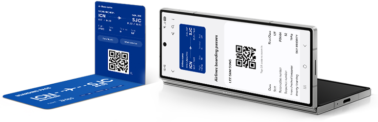 In the foreground, a Galaxy Z Fold6 is folded halfway open to display a boarding pass and a QR code. Adjacent to it is an actual boarding pass that has been folded to resemble the Galaxy Z Fold6. The background features a series of tickets with bar codes, each for a different event such as a sports game or movie.