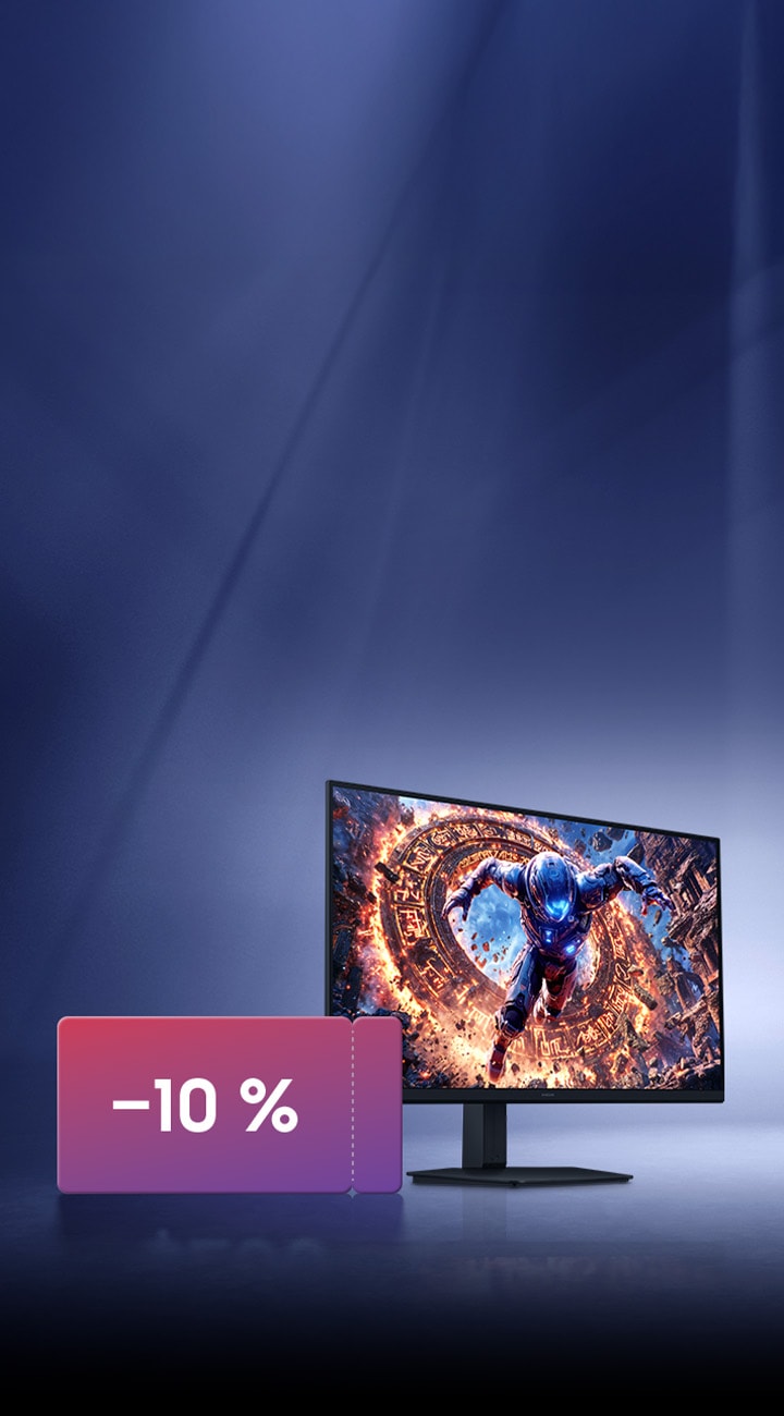 Odyssey-pelinäyttö sekä kuulokkeet, hiiri ja näppäimistö. Kuponki, joka kertoo 10 %:n alennuksesta.