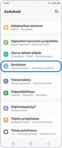 Älypuhelimen näyttö, jossa Sovellukset-vaihtoehto on valittuna