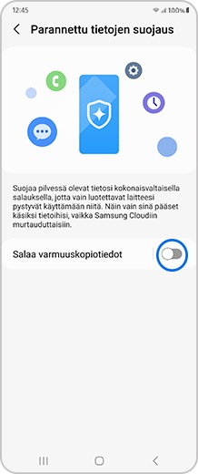 Älypuhelimen näyttö, jossa on Salaa varmuuskopiotiedot -tilanvaihtonäppäin