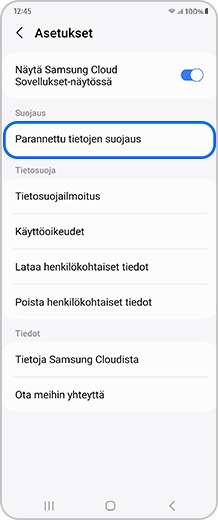 Älypuhelimen näyttö, jossa Asetukset-vaihtoehdot ovat käytettävissä