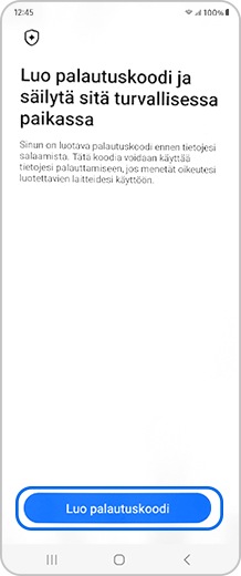 Älypuhelimen näyttö, jossa Luo palautuskoodi -painike on valittuna