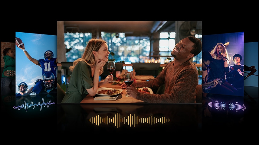 Näytöillä on erilaisia ääniaaltoja, jotka näyttävät, kuinka ääni on optimoitu toistettavan sisällön perusteella, kuten esim. dialogi, urheilu ja musiikki.