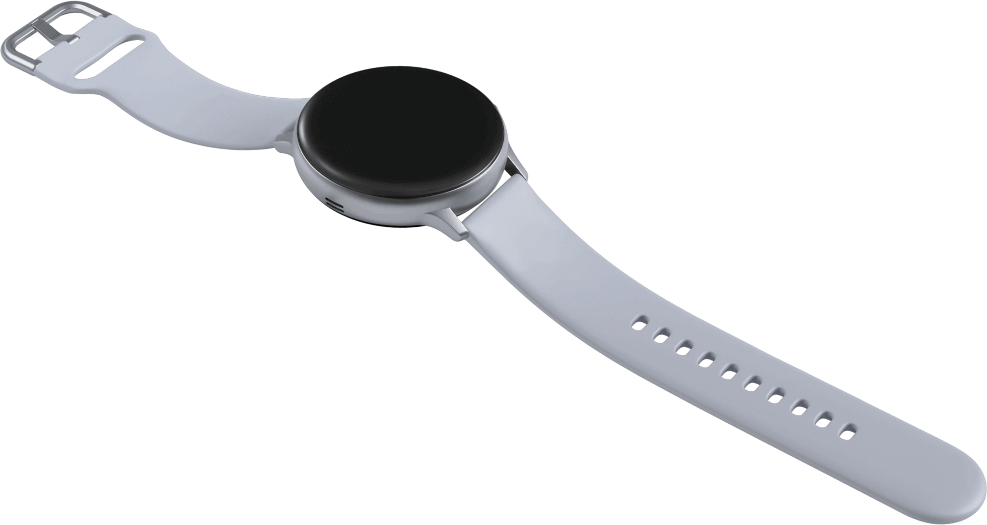 Cloud Silver -värinen Galaxy Watch Active2 latautuu kolikon muotoisella langattomalla latausalustalla. Latausalusta on halkaisijaltaan yhtä suuri kuin kellotaulu.