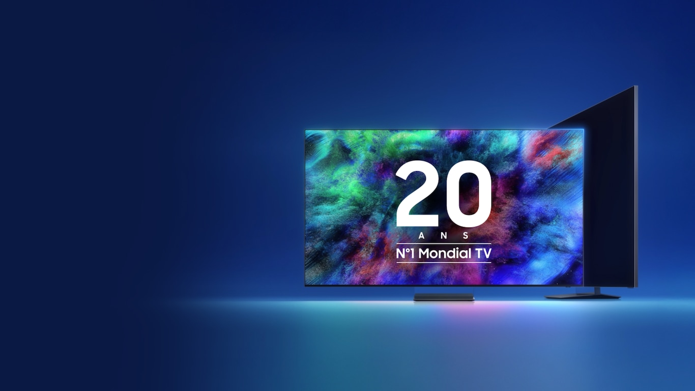 Deux Smart TV Samsung disposés l’une devant l’autre pour former le chiffre 1. Ces nouvelles télévisions illustrent que la marque de TV connectées est n° 1 mondial depuis 20 ans.