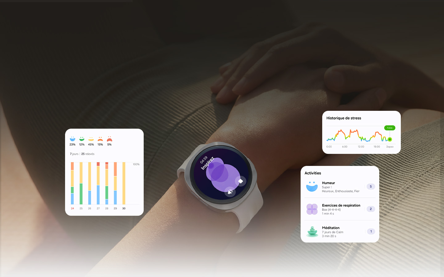 Une personne allongée sur le dos porte une Galaxy Watch9 au poignet. Le suivi du stress s’affiche à l’écran avec un niveau faible, indiquant que la personne est détendue.