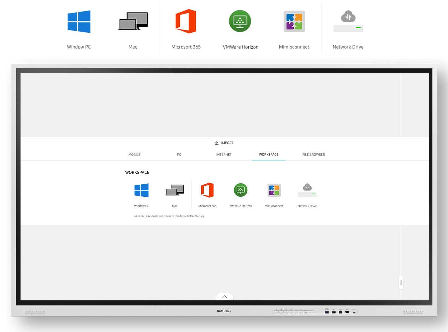 Icônes des différentes applications disponibles sur le Flip 4 : Window PC, Mac, Microsoft 365, Vmware Horizon, Mimioconnect, Network Drive. Selectionnez Microsoft 365 sur le Flip 4 pour ouvrir Power Point et voir vos contenus.