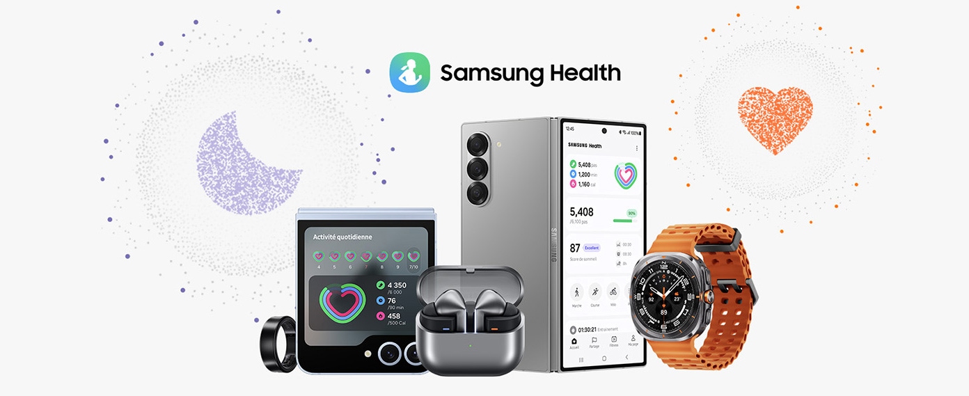 Galaxy Ring, Galaxy Z Flip6, Galaxy Buds3 Pro, Galaxy Z Fold6 and Galaxy Watch Ultra are grouped together with the text 'Samsung Health' above them. Large app icons for sleep tracking and heart rate tracking are hovering over the devices.