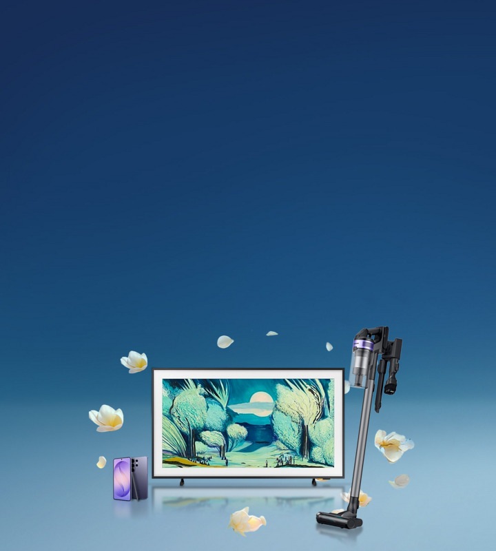 Image sur fond bleu et orangé avec des produits Samsung sur des podiums. On y voir une TV Oled, un réfrigérateur, un smartphone Galaxy S25 et une montre connectée Galaxy Watch8. 