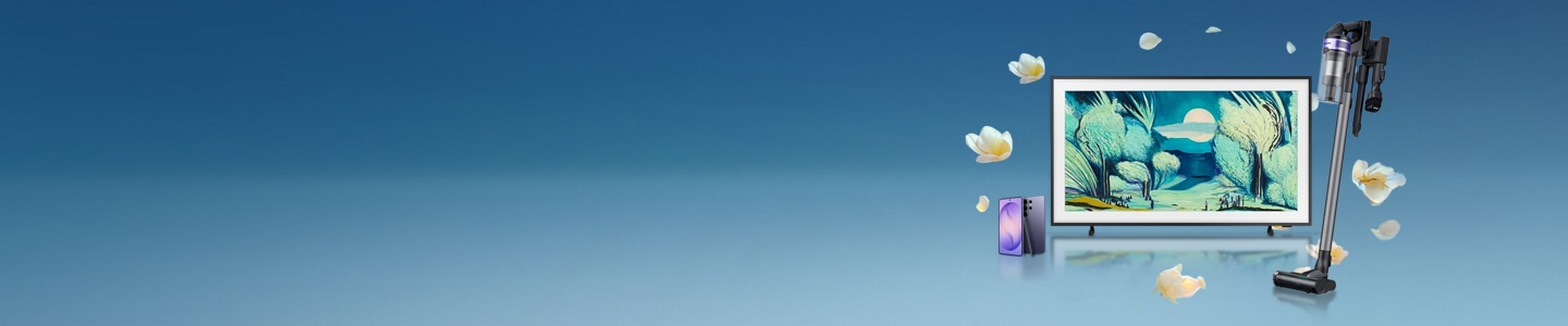 Image sur fond bleu et orangé avec des produits Samsung sur des podiums. On y voir une TV Oled, un réfrigérateur, un smartphone Galaxy S25 et une montre connectée Galaxy Watch8. 