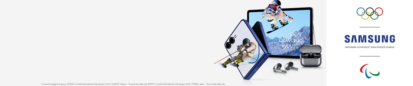 Image sur fond gris avec 3 produits Samung. Un smartphones Galaxy Z Flip7, une tablette Galaxy S11 Ultra et des écouteurs Samausng Galaxy Buds3 pr