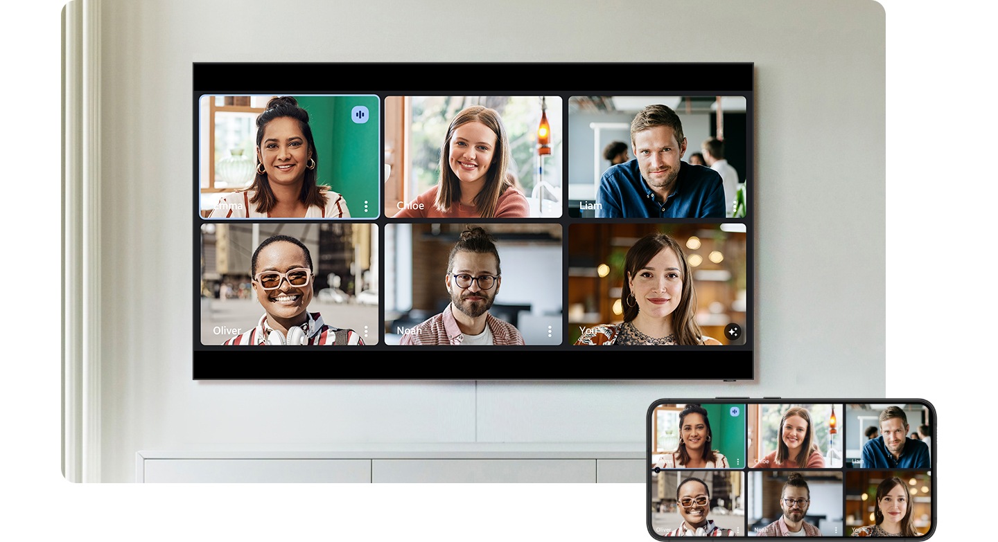 TV dan Galaxy S22+ menampilkan layar Visio Google Meet yang sama