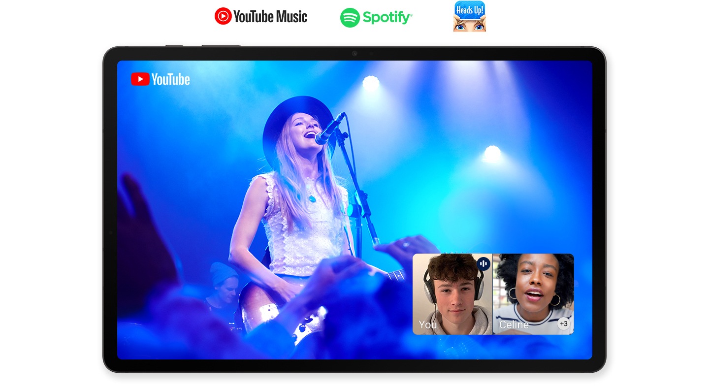 Galaxy 탭은 Google Meet에서 라이브 공유를 통해 비디오를 표시합니다. 2 개의 Visio 참가자가 화면 오른쪽 하단에 보입니다. Galaxy 탭 위 : 라이브 공유에 사용할 수있는 서비스 아이콘 : YouTube, YouTube Music, Spotify 및 Heads Up
