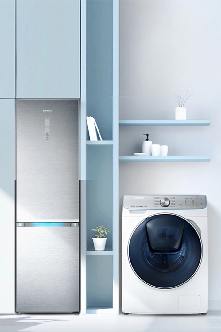 refrigerator and washing machine in living space
