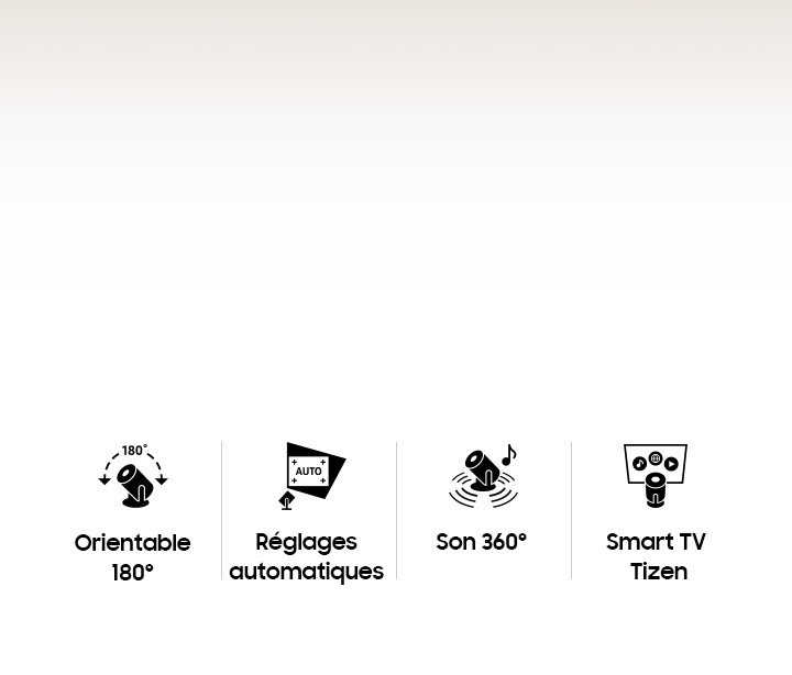 Gros plan sur The Freestyle. Icônes de Design complet à 180°, Configuration instantanée AUTO, Son Premium 360 et Expérience Smart TV.