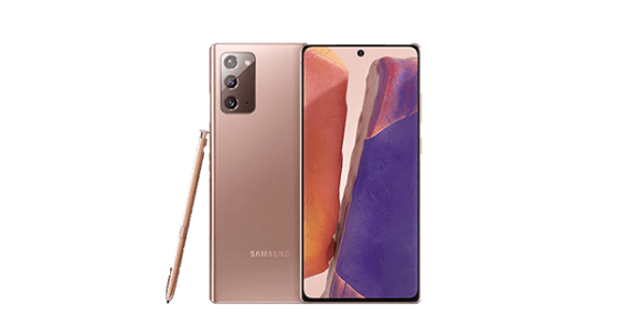 Dwa brązowe smartfony Samsung Galaxy Note20, widoczne z przodu iz tyłu, z rysikiem S Pen poparanym tylnym smartfonem