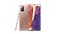 Dwa brązowe smartfony Samsung Galaxy Note20, widoczne z przodu iz tyłu, z rysikiem S Pen poparanym tylnym smartfonem