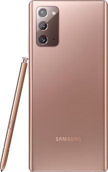 Galaxy Note20 Bronze Mystique vu de dos. Le S Pen correspondant est appuyé sur le côté.