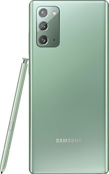 Galaxy Note20 Vert Mystique vu de dos. Le S Pen correspondant est appuyé sur le côté.