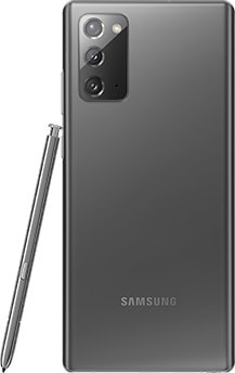 Galaxy Note20 Gris Mystique vu de dos. Le S Pen correspondant est appuyé sur le côté.