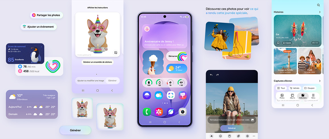 Le Galaxy S26 plus est visible depuis l’écran principal. Diverses fonctionnalités actives, davantage personnalisées en fonction des besoins et des habitudes de l’utilisateur, accompagnent l’appareil. Il s’agit notamment de Creative Studio, l’Assistant Photo et bien d’autres encore.