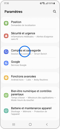 Sélection du menu Comptes et sauvegarde d'un smartphone Samsung