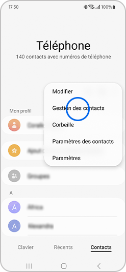 Sélection de Gestion des contacts d'un smartphone Samsung